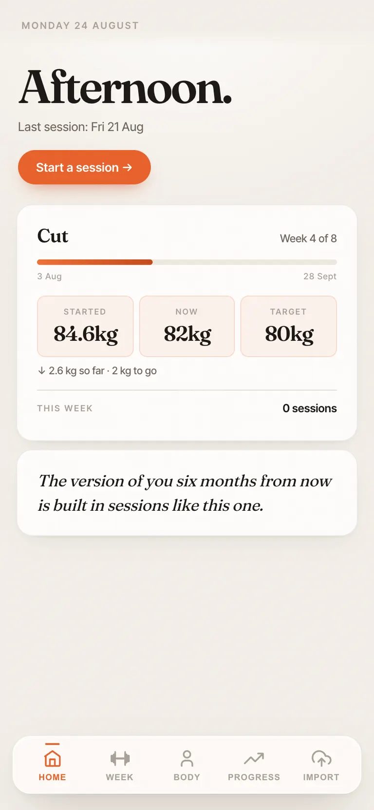 Fitness app home screen showing the current week and bodyweight