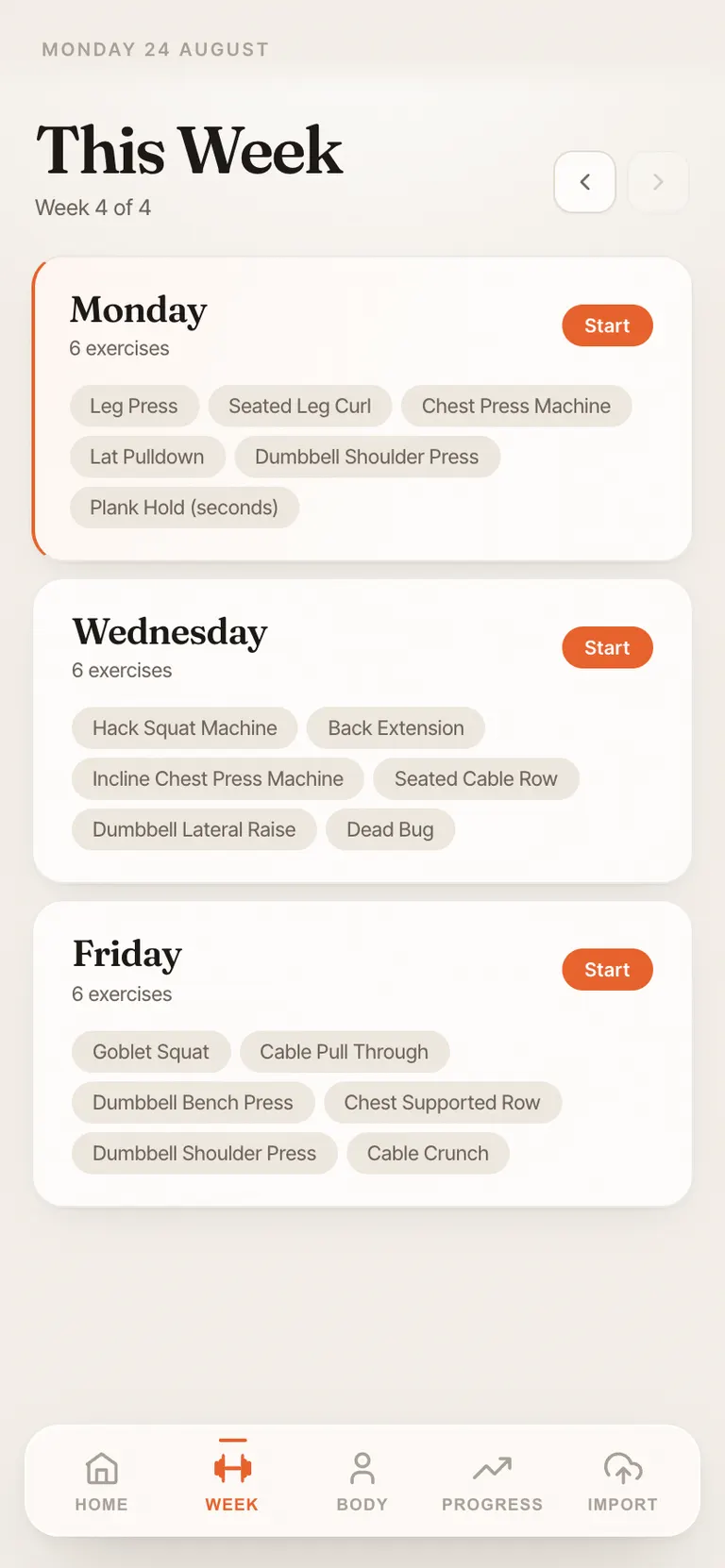 Weekly training plan with each day and its exercises
