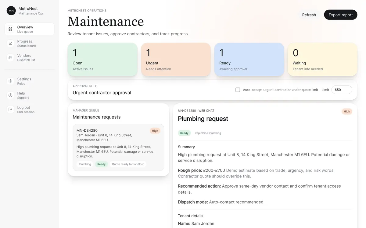 Maintenance operations dashboard showing the live request queue and a triaged plumbing job