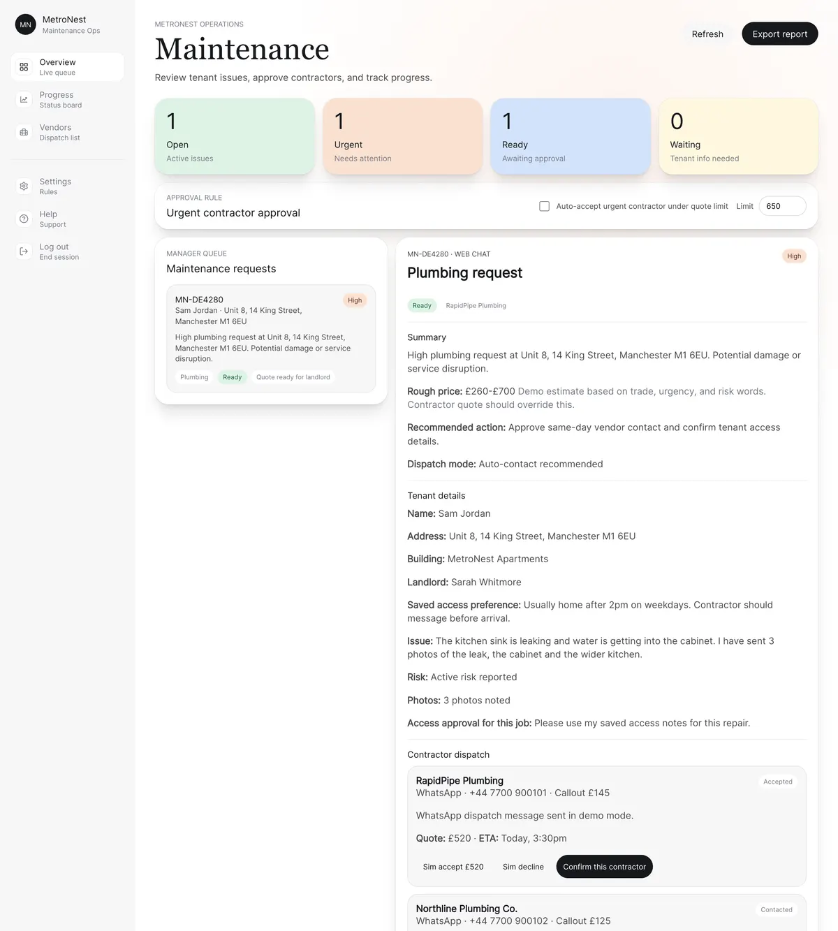 The full triage detail: summary, rough price, recommended action and tenant details