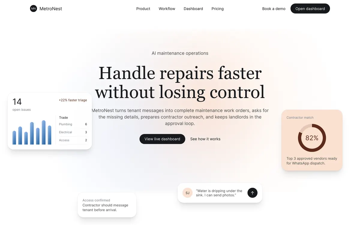 MetroNest product site explaining the maintenance workflow