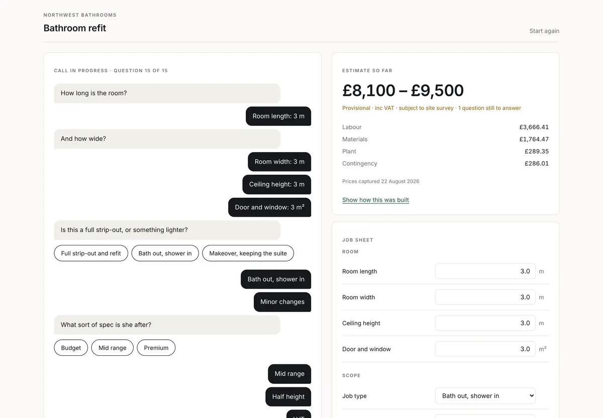 Quote Agent workspace: guided call questions on the left, live costed estimate on the right