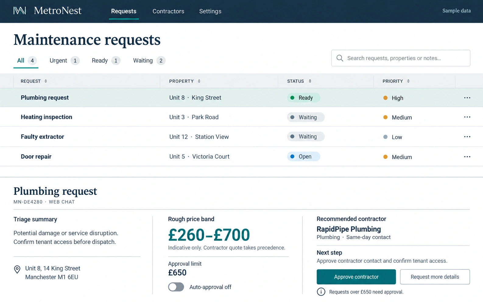 Maintenance interface redesign concept with incoming requests and repair decisions