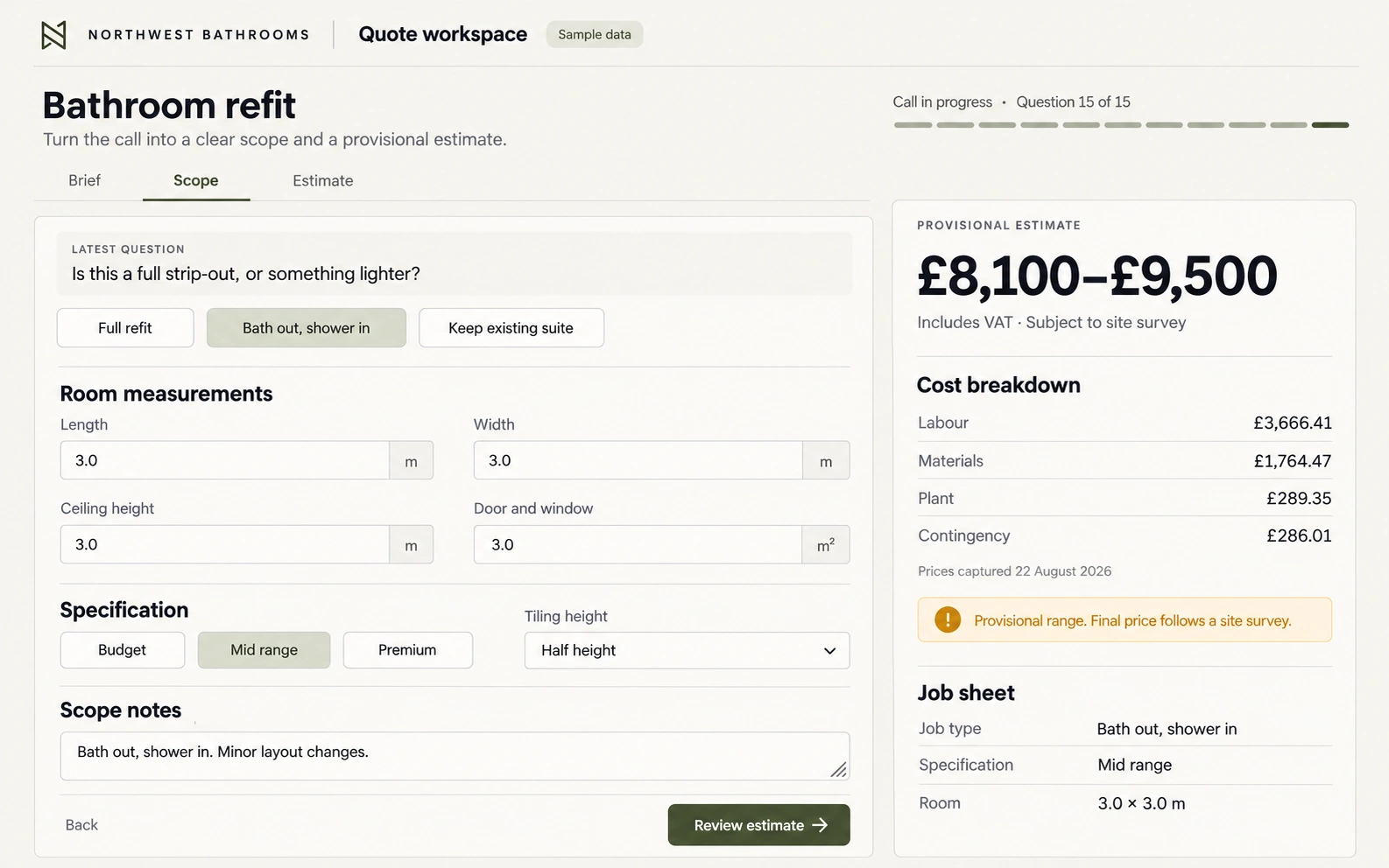 Quote Agent interface redesign concept with guided questions and an itemised estimate